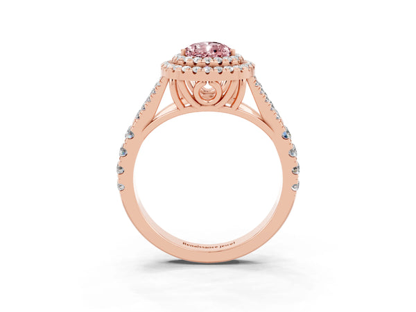 Rose gold Pear Cut Morganite Double Halo Ring with Split Shank and Prong Setting