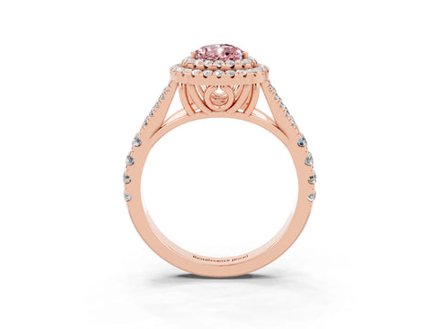 Rose gold Pear Cut Morganite Double Halo Ring with Split Shank and Prong Setting_15