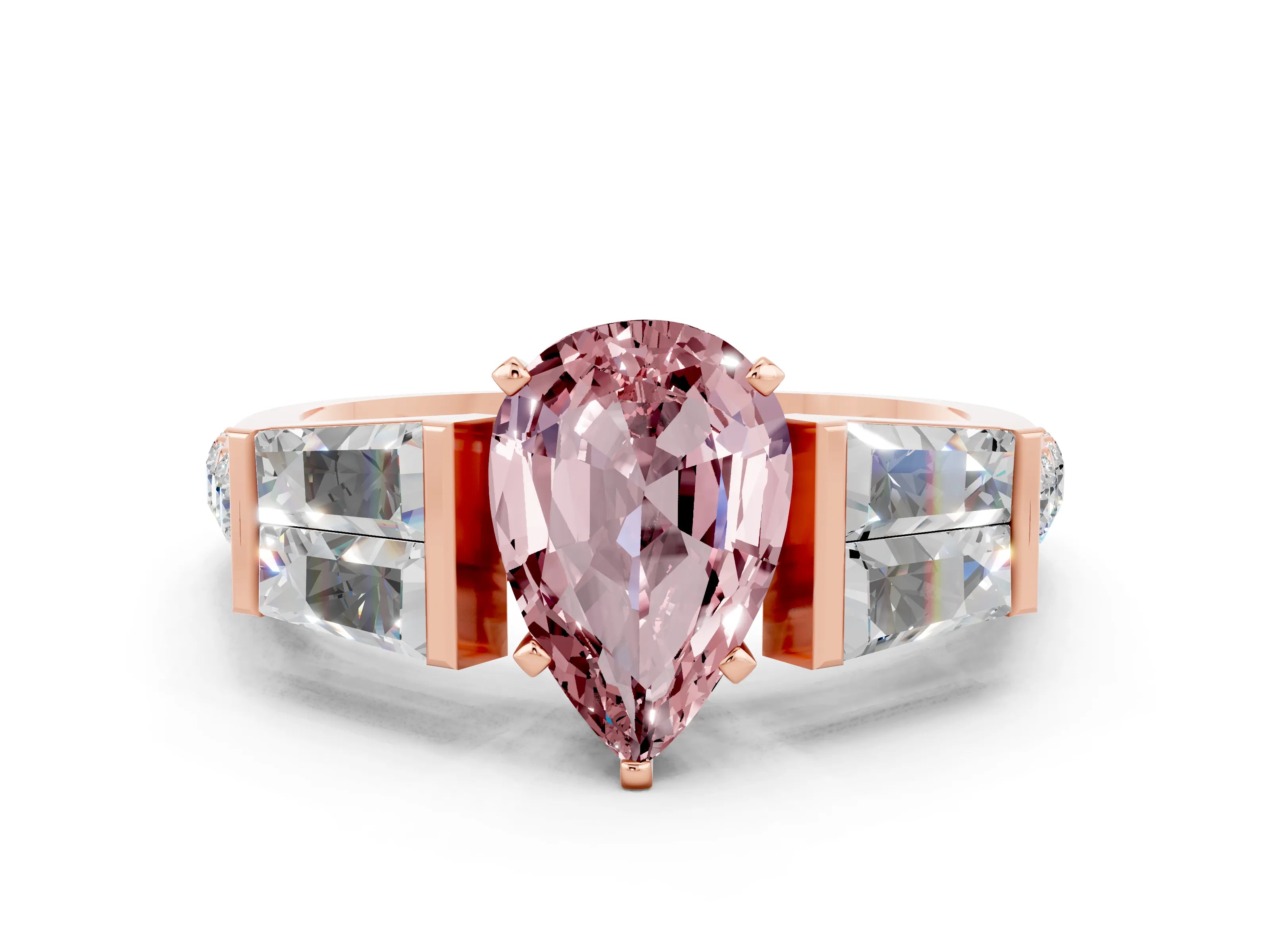 Rose gold Pear Cut Morganite Engagement Ring with Baguette Side Stones and Channel Set Band