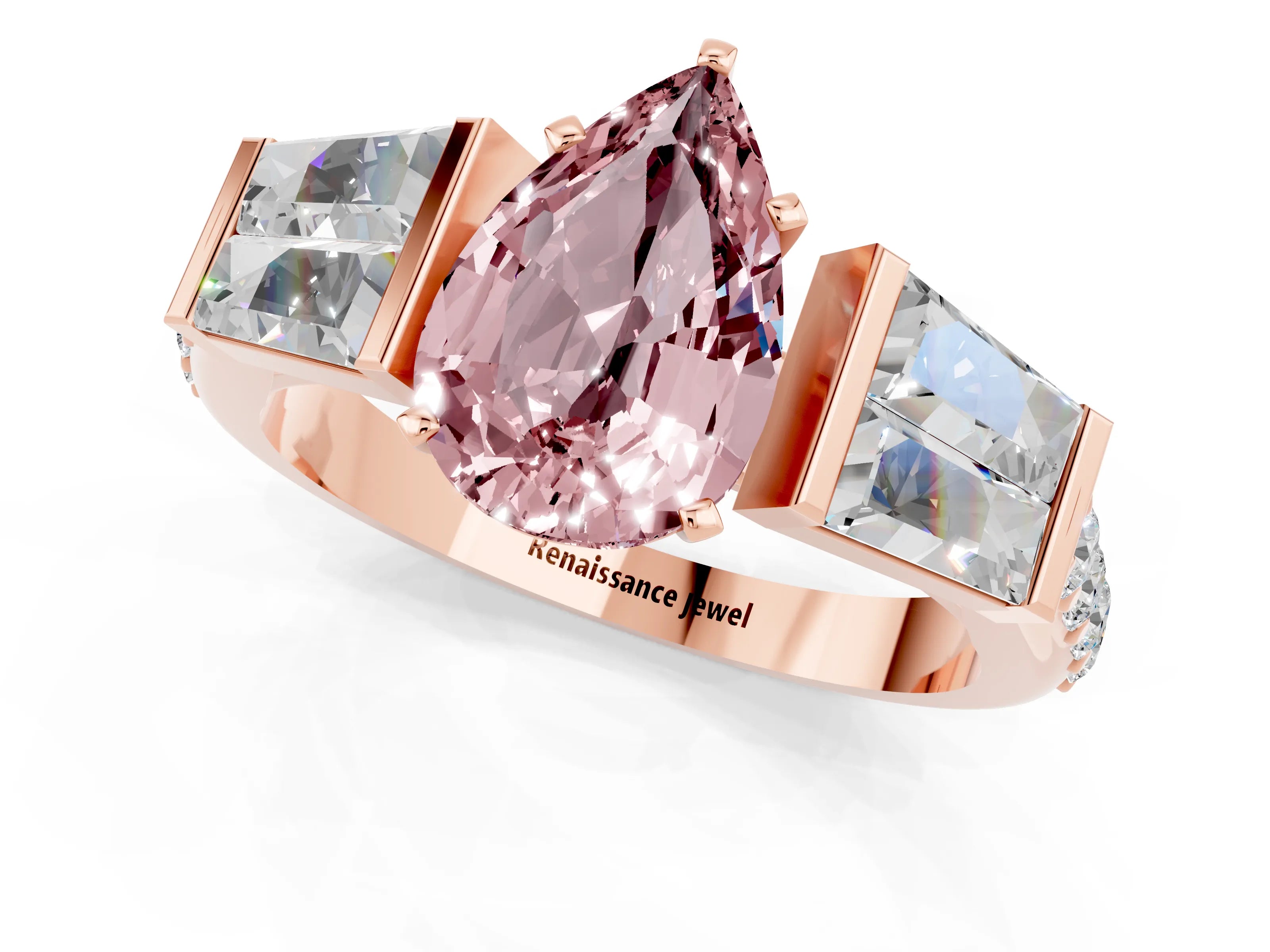 Rose gold Pear Cut Morganite Engagement Ring with Baguette Side Stones and Channel Set Band_1