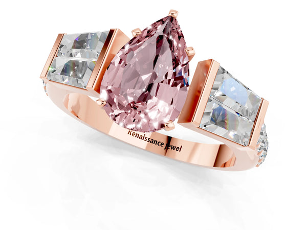 Rose gold Pear Cut Morganite Engagement Ring with Baguette Side Stones and Channel Set Band
