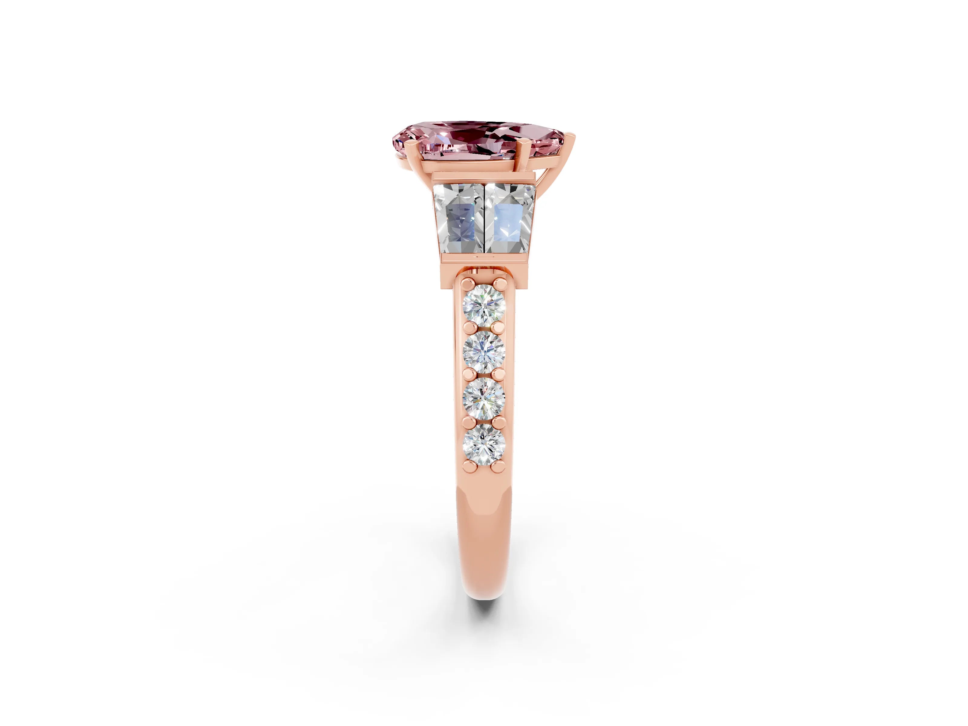 Rose gold Pear Cut Morganite Engagement Ring with Baguette Side Stones and Channel Set Band_2