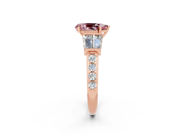 Rose gold Pear Cut Morganite Engagement Ring with Baguette Side Stones and Channel Set Band