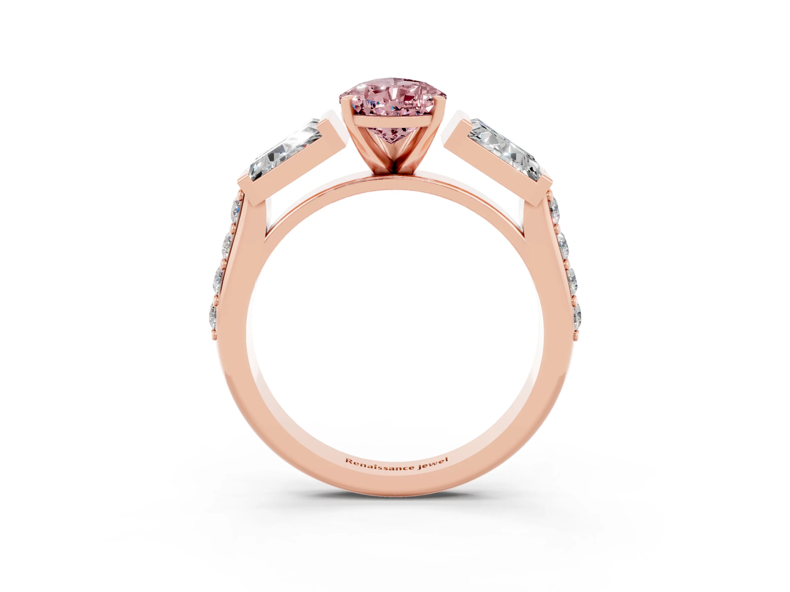 Rose gold Pear Cut Morganite Engagement Ring with Baguette Side Stones and Channel Set Band_3