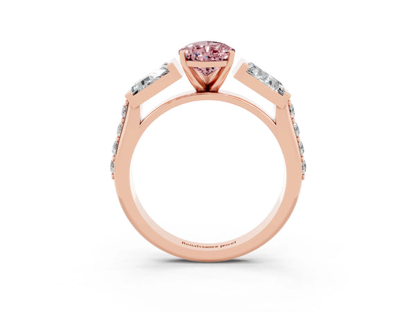 Rose gold Pear Cut Morganite Engagement Ring with Baguette Side Stones and Channel Set Band