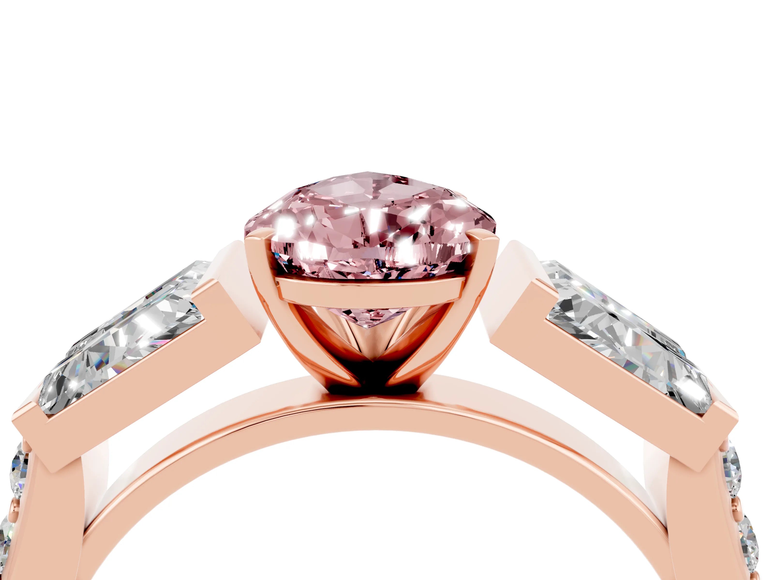 Rose gold Pear Cut Morganite Engagement Ring with Baguette Side Stones and Channel Set Band_4