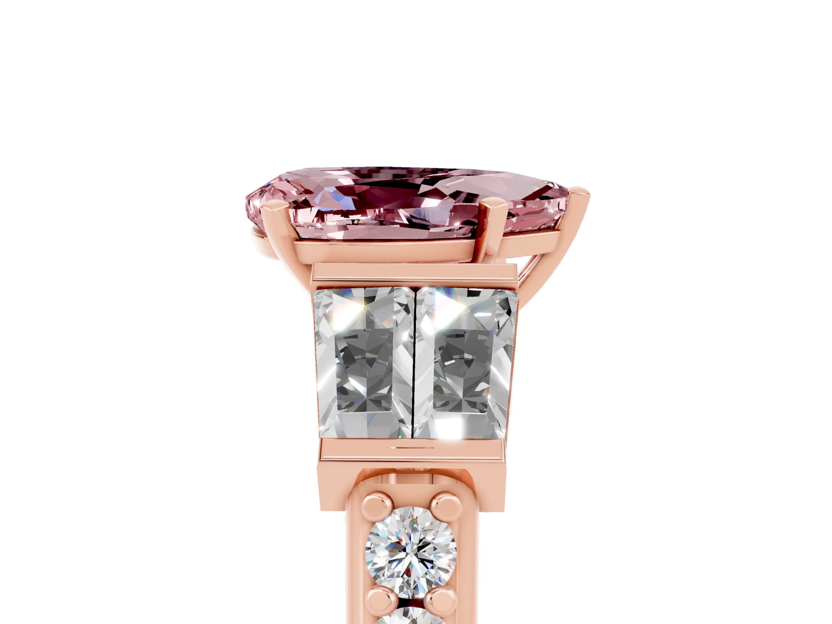 Rose gold Pear Cut Morganite Engagement Ring with Baguette Side Stones and Channel Set Band_5