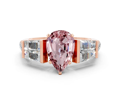Rose gold Pear Cut Morganite Engagement Ring with Baguette Side Stones and Channel Set Band