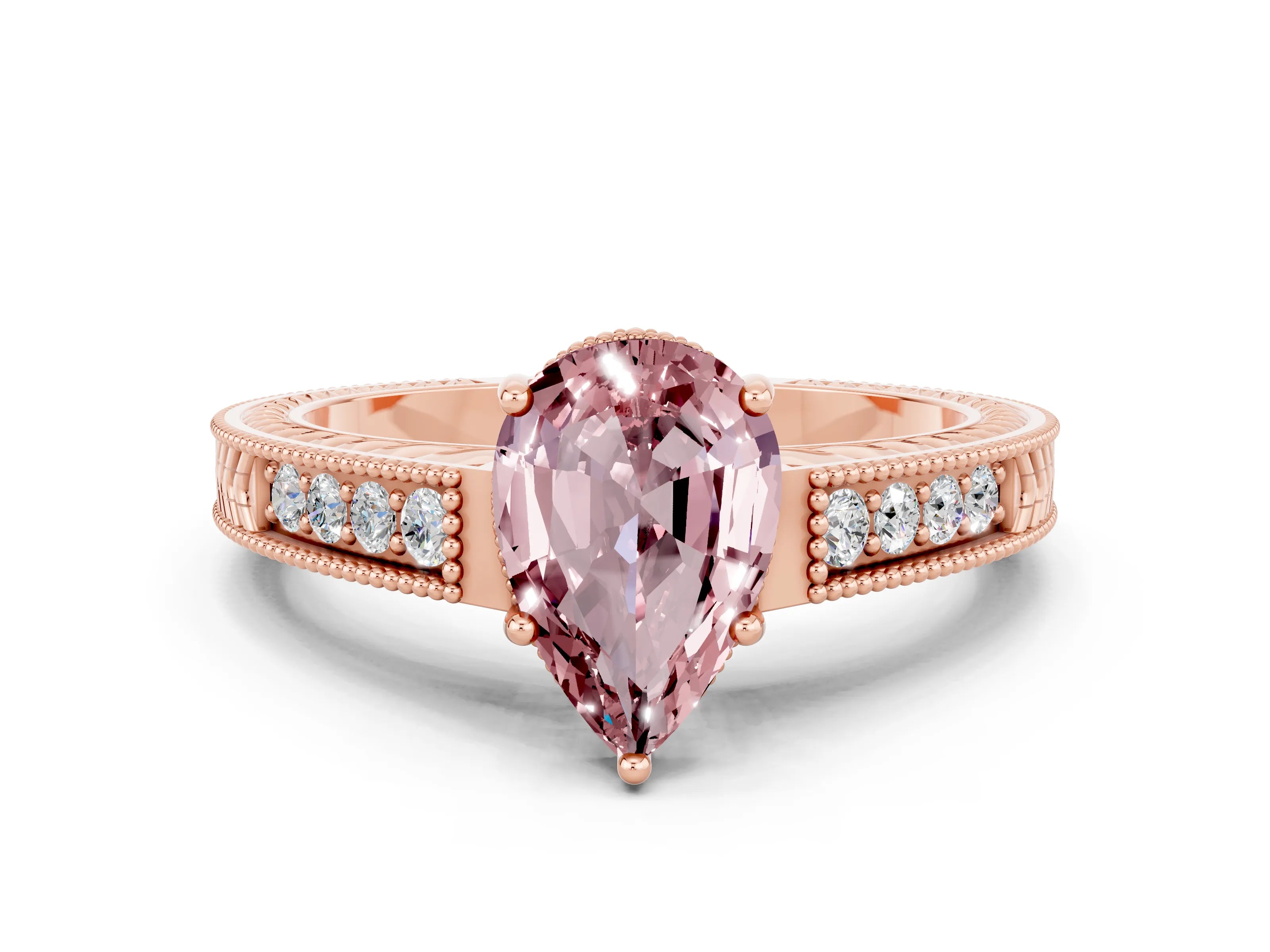 Rose gold Pear Cut Morganite Engagement Ring with Milgrain Channel Set Band and Prong Setting
