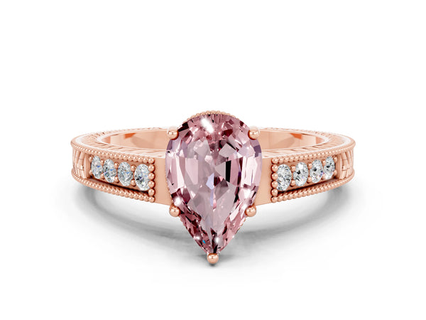 Rose gold Pear Cut Morganite Engagement Ring with Milgrain Channel Set Band and Prong Setting