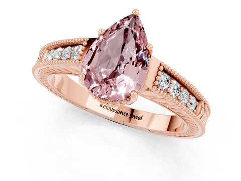 Rose gold Pear Cut Morganite Engagement Ring with Milgrain Channel Set Band and Prong Setting_1