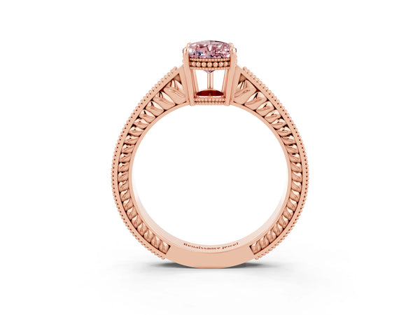 Rose gold Pear Cut Morganite Engagement Ring with Milgrain Channel Set Band and Prong Setting
