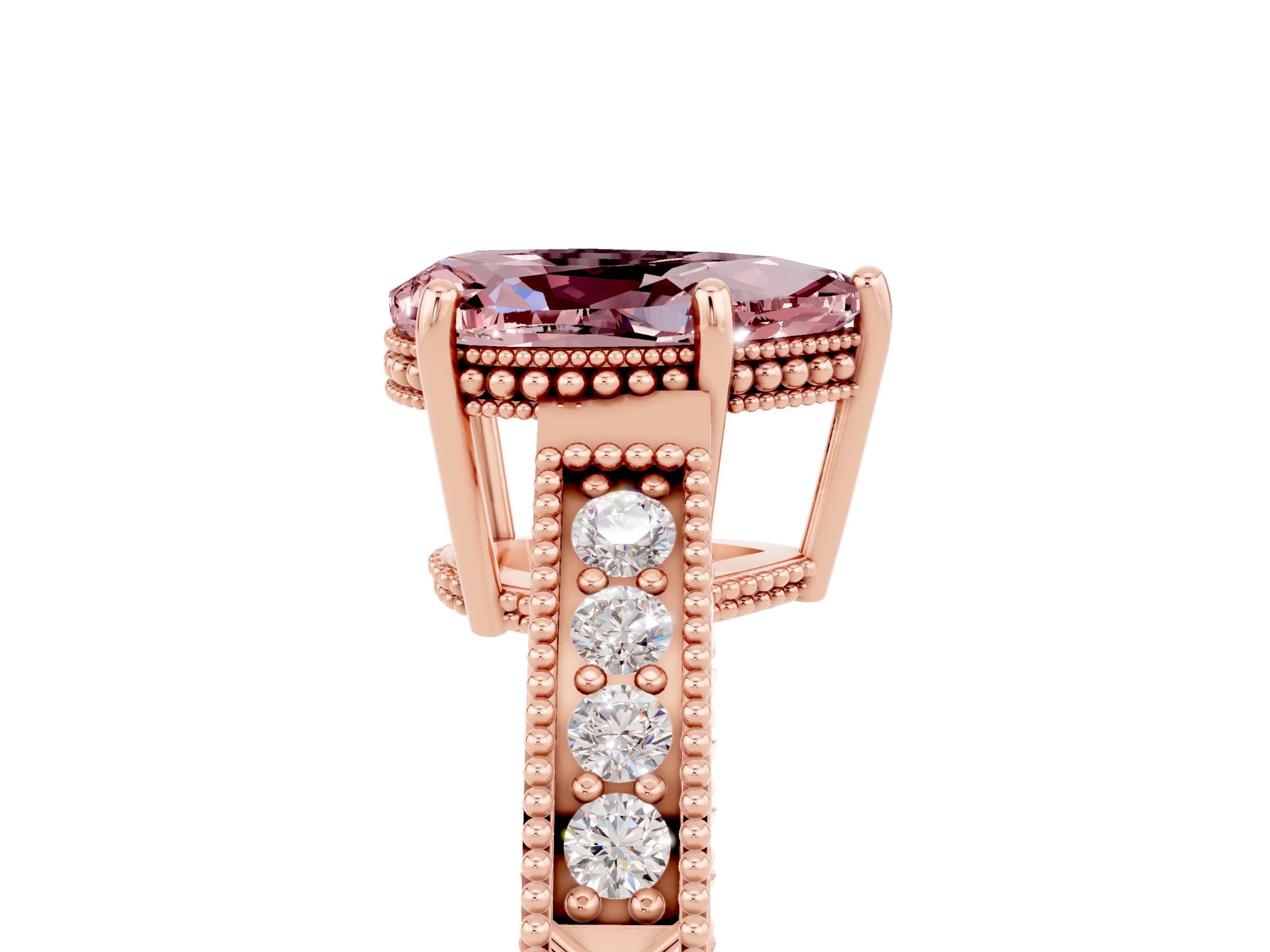 Rose gold Pear Cut Morganite Engagement Ring with Milgrain Channel Set Band and Prong Setting_5