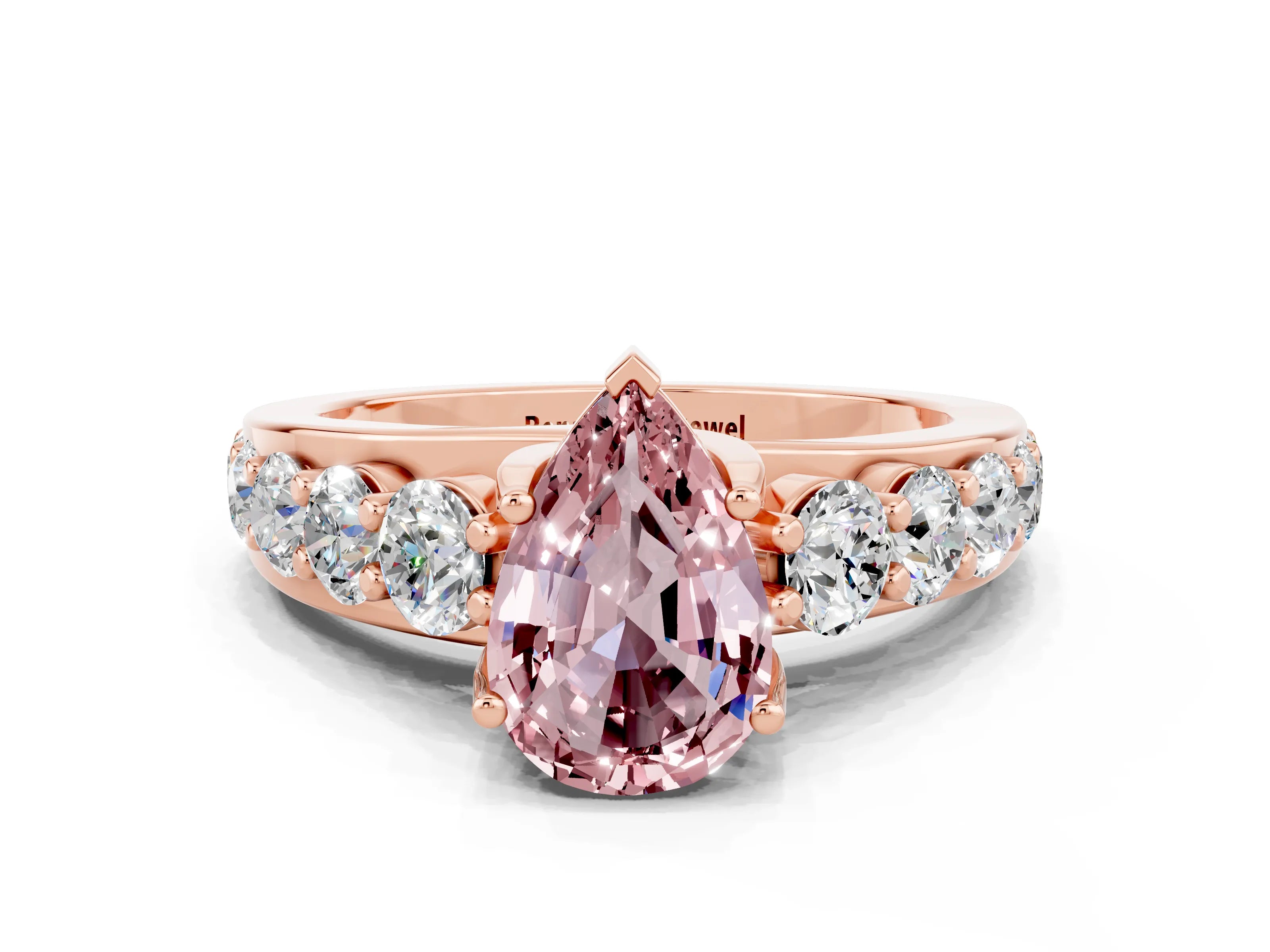 Rose gold Pear Cut Morganite Engagement Ring with Pavé Band and Four-Prong Setting