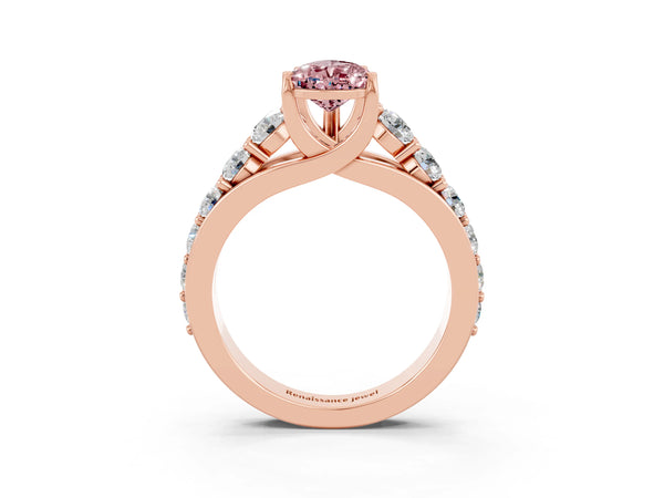 Rose gold Pear Cut Morganite Engagement Ring with Pavé Band and Four-Prong Setting