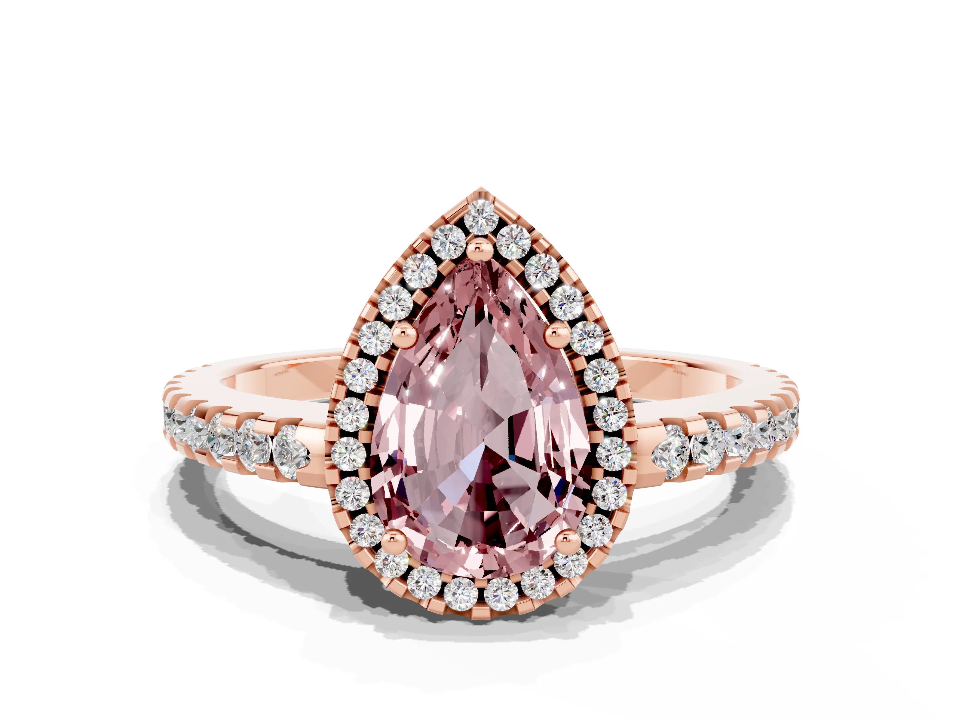 Rose gold Pear Cut Morganite Halo Engagement Ring with Pavé Band and Prong Setting_12