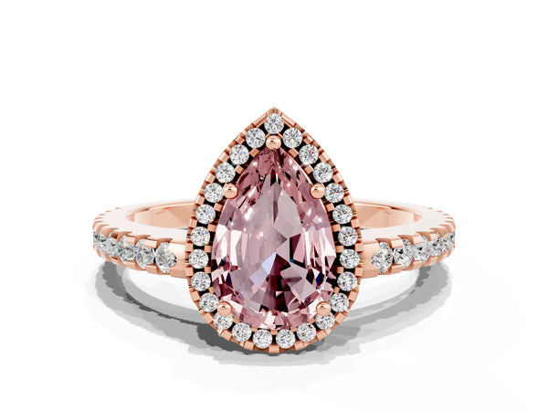 Rose gold Pear Cut Morganite Halo Engagement Ring with Pavé Band and Prong Setting