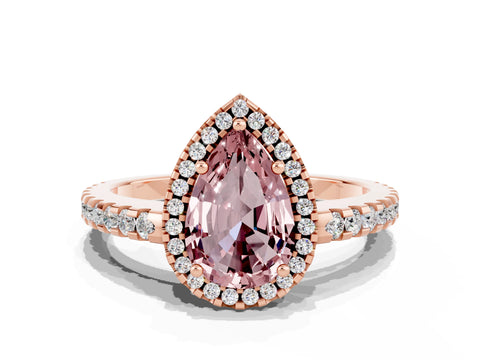 Rose gold Pear Cut Morganite Halo Engagement Ring with Pavé Band and Prong Setting_12