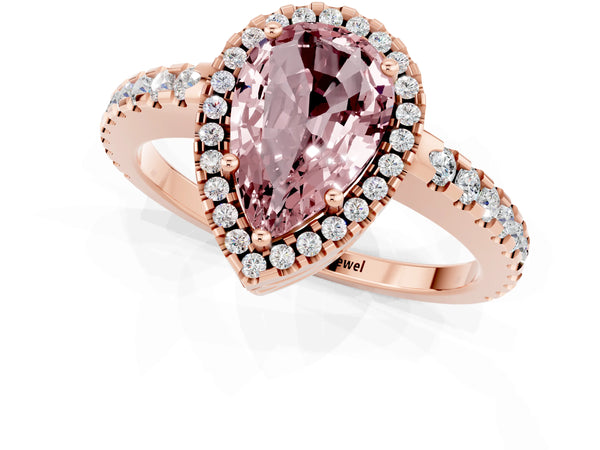 Rose gold Pear Cut Morganite Halo Engagement Ring with Pavé Band and Prong Setting