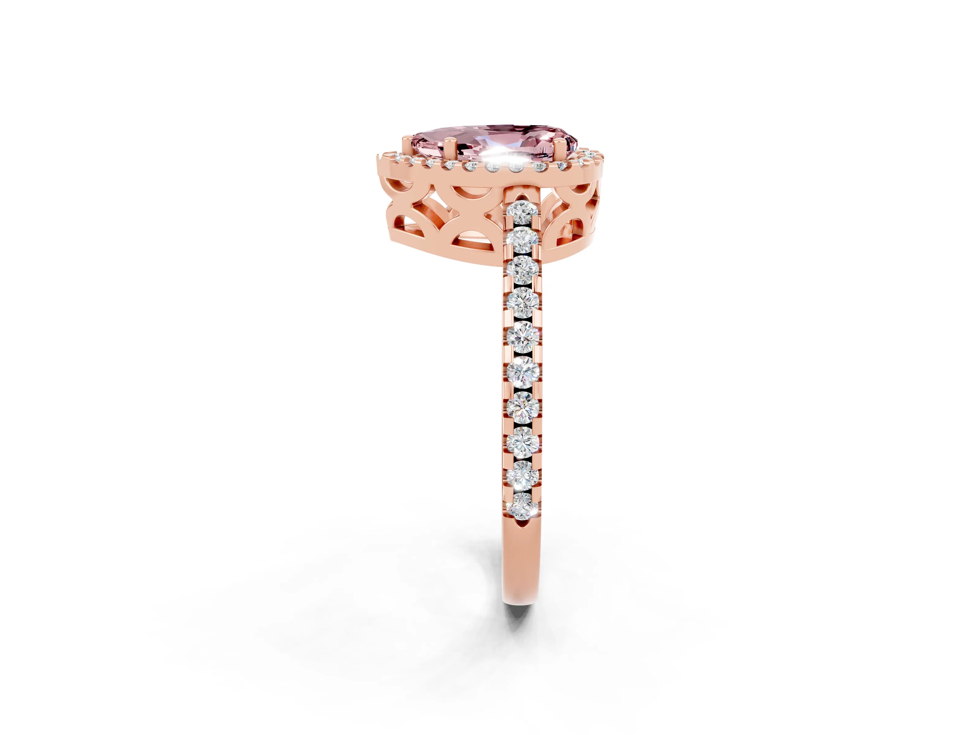 Rose gold Pear Cut Morganite Halo Engagement Ring with Pavé Band and Prong Setting_14
