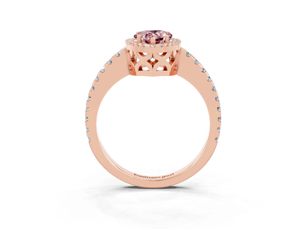 Rose gold Pear Cut Morganite Halo Engagement Ring with Pavé Band and Prong Setting
