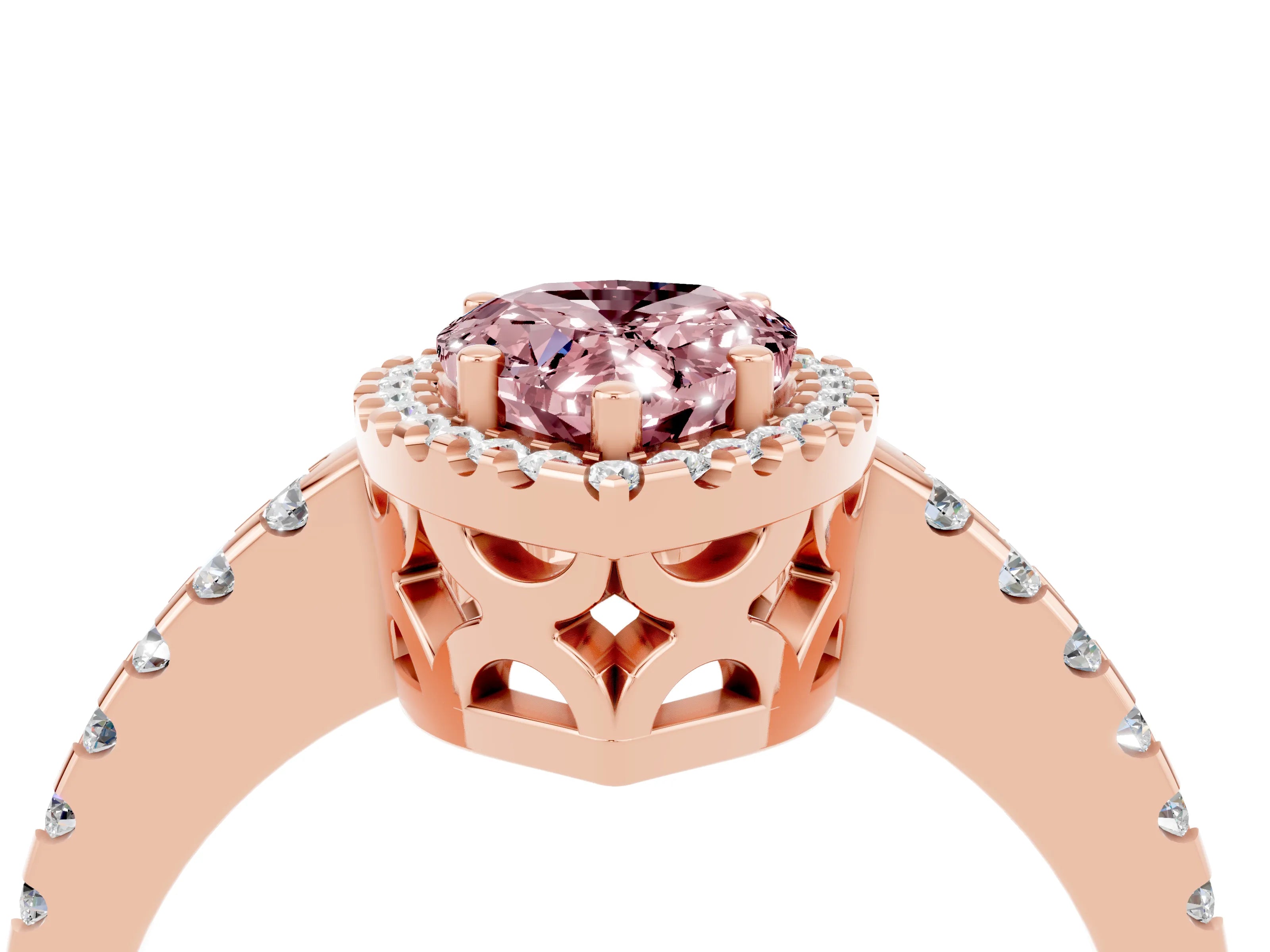 Rose gold Pear Cut Morganite Halo Engagement Ring with Pavé Band and Prong Setting_16