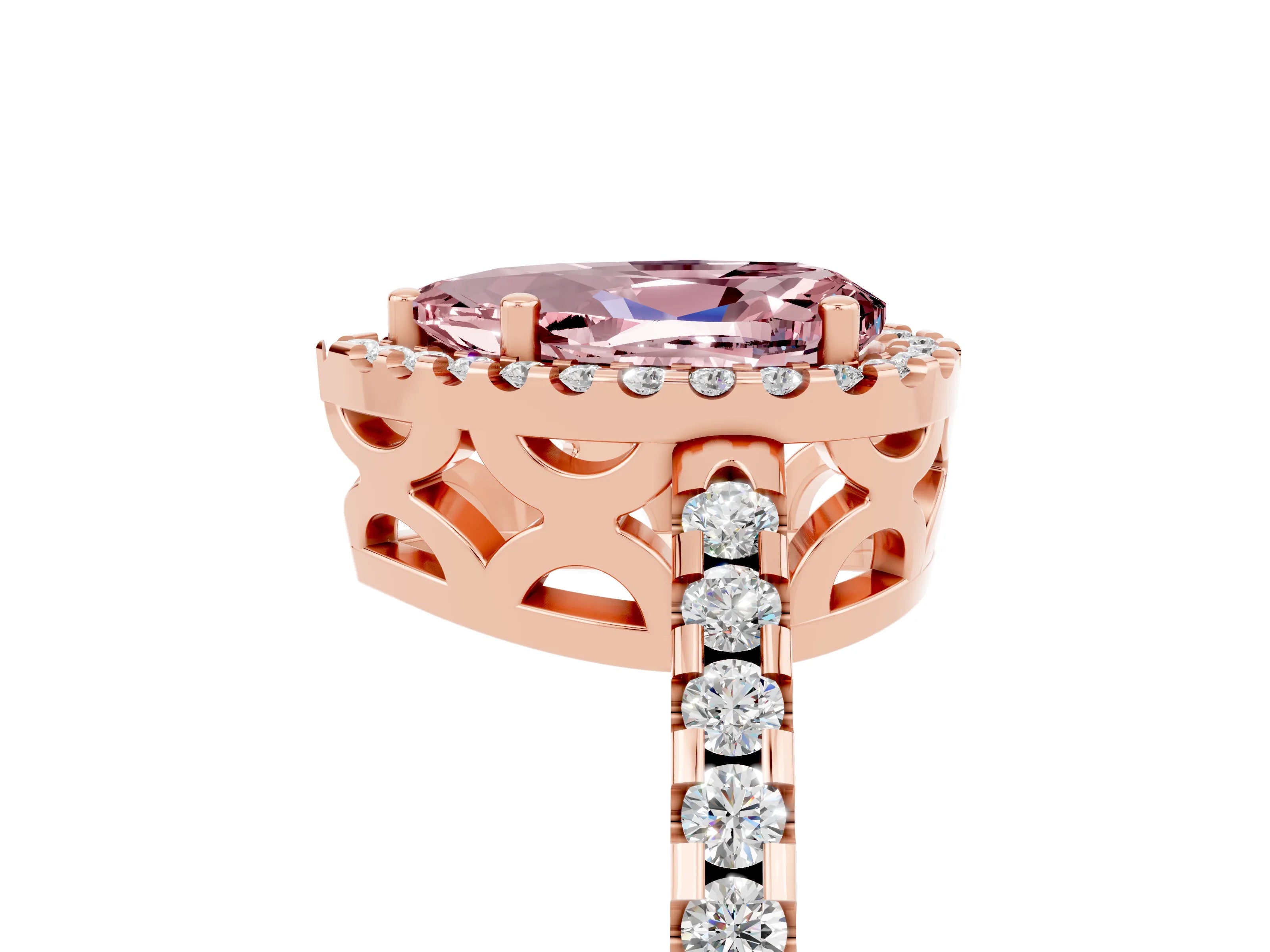 Rose gold Pear Cut Morganite Halo Engagement Ring with Pavé Band and Prong Setting_17