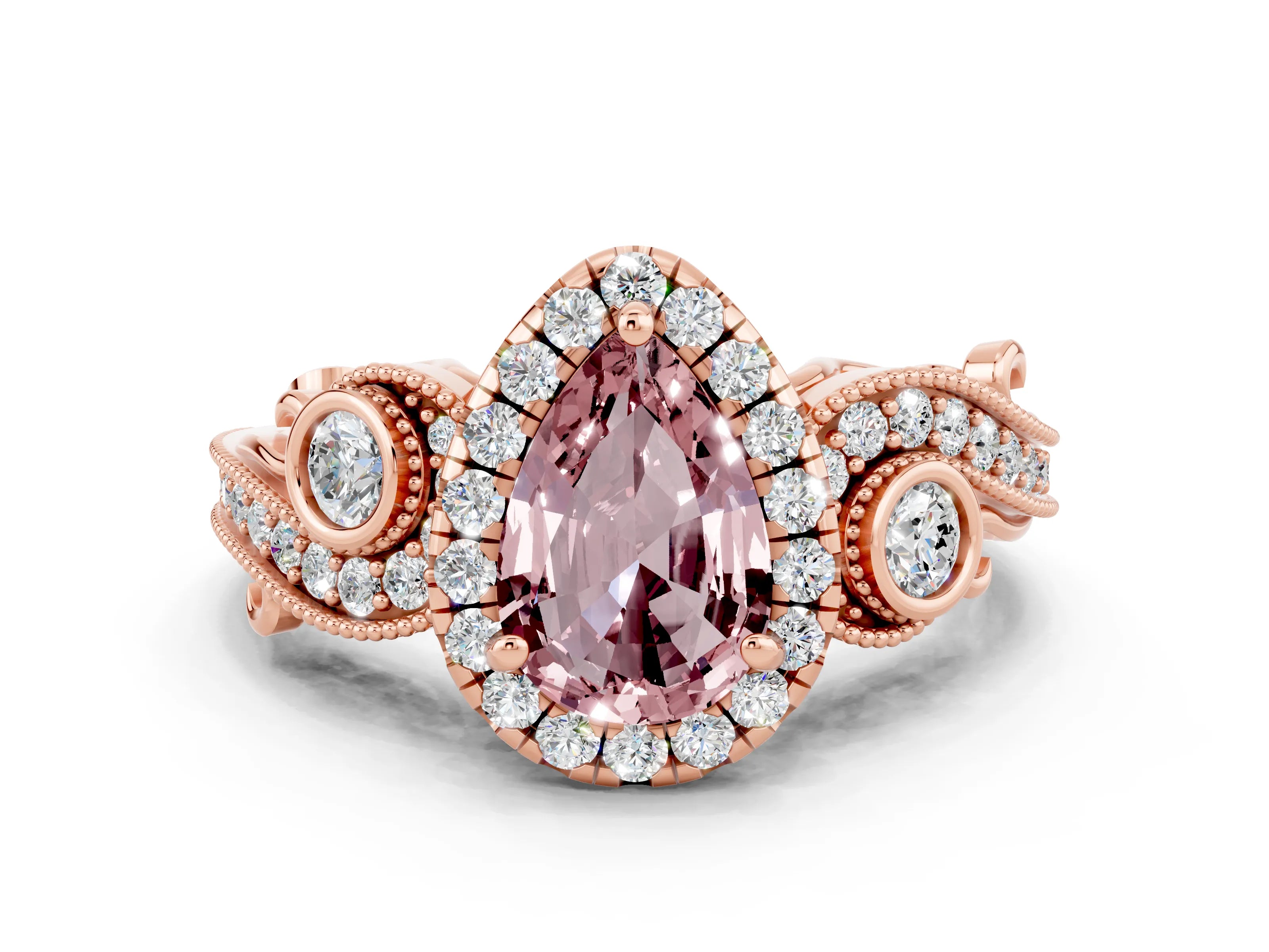 Rose gold Pear Cut Morganite Halo Ring with Milgrain Pavé Band and Four-Prong Setting_12