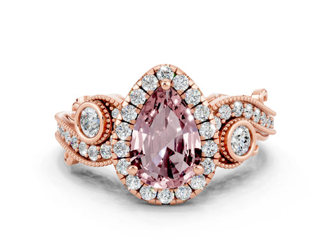 Rose gold Pear Cut Morganite Halo Ring with Milgrain Pavé Band and Four-Prong Setting_12