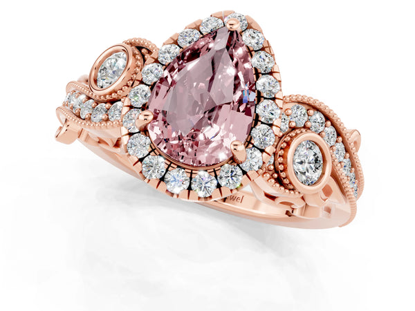 Rose gold Pear Cut Morganite Halo Ring with Milgrain Pavé Band and Four-Prong Setting
