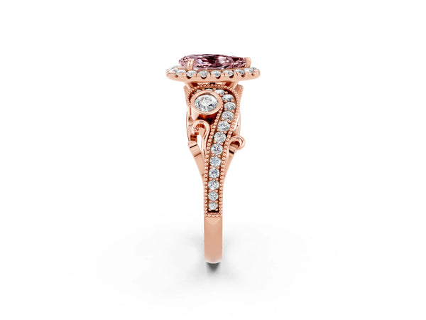 Rose gold Pear Cut Morganite Halo Ring with Milgrain Pavé Band and Four-Prong Setting
