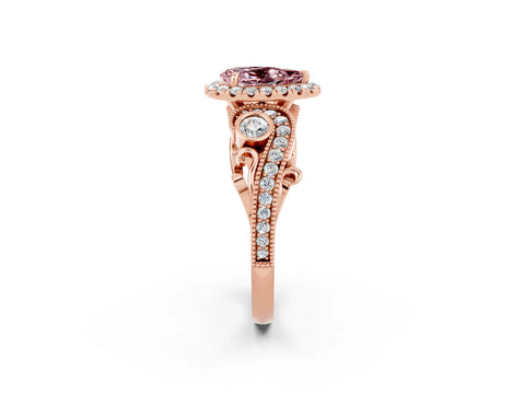Rose gold Pear Cut Morganite Halo Ring with Milgrain Pavé Band and Four-Prong Setting_14
