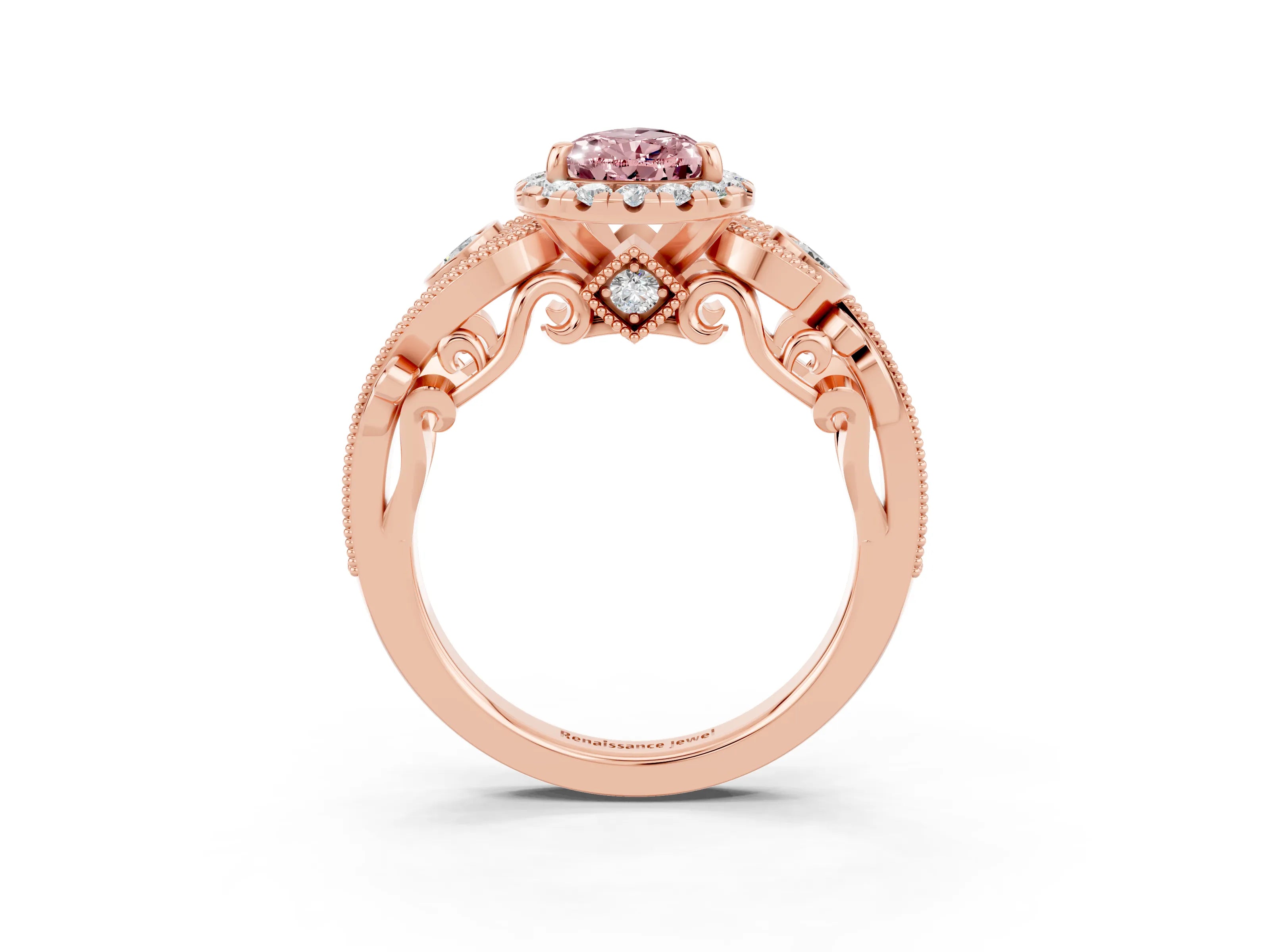 Rose gold Pear Cut Morganite Halo Ring with Milgrain Pavé Band and Four-Prong Setting_15