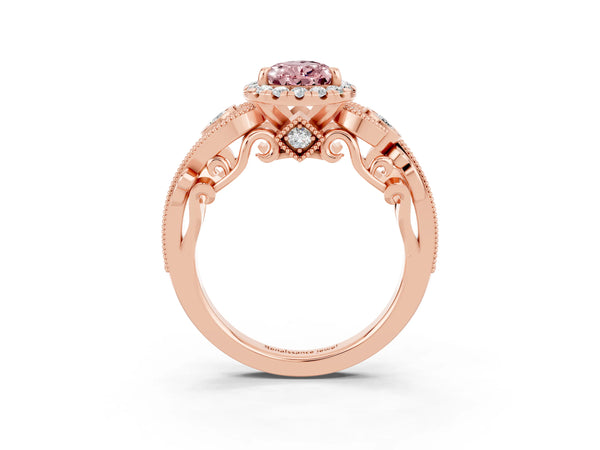 Rose gold Pear Cut Morganite Halo Ring with Milgrain Pavé Band and Four-Prong Setting