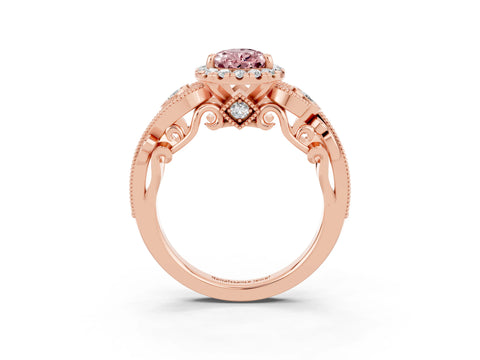 Rose gold Pear Cut Morganite Halo Ring with Milgrain Pavé Band and Four-Prong Setting_15
