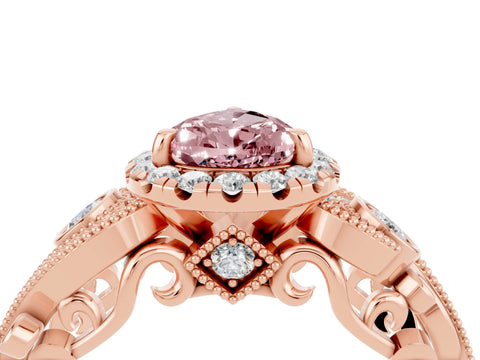 Rose gold Pear Cut Morganite Halo Ring with Milgrain Pavé Band and Four-Prong Setting_16