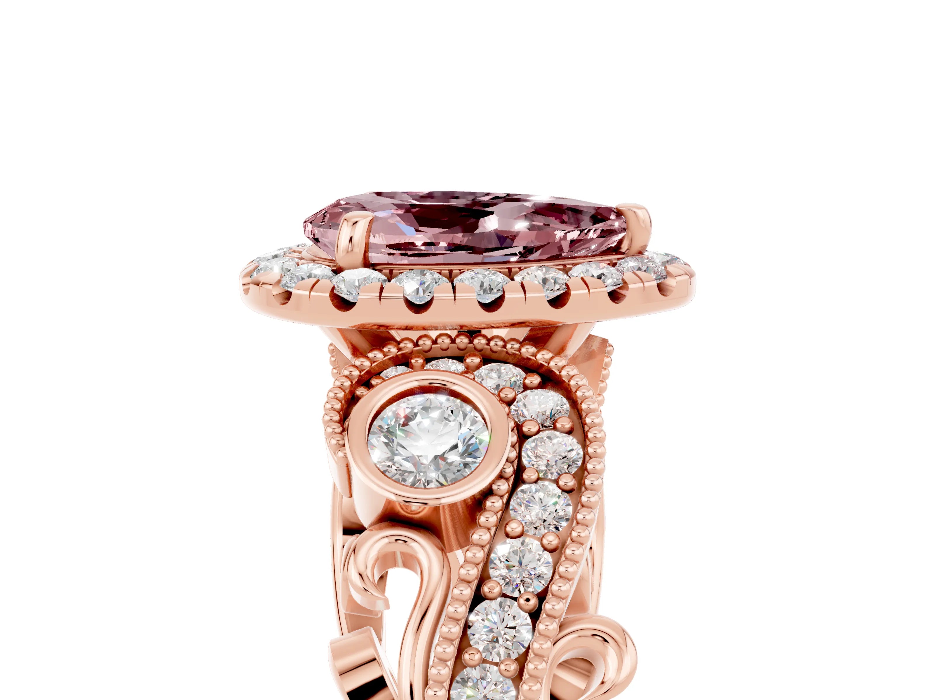 Rose gold Pear Cut Morganite Halo Ring with Milgrain Pavé Band and Four-Prong Setting_17
