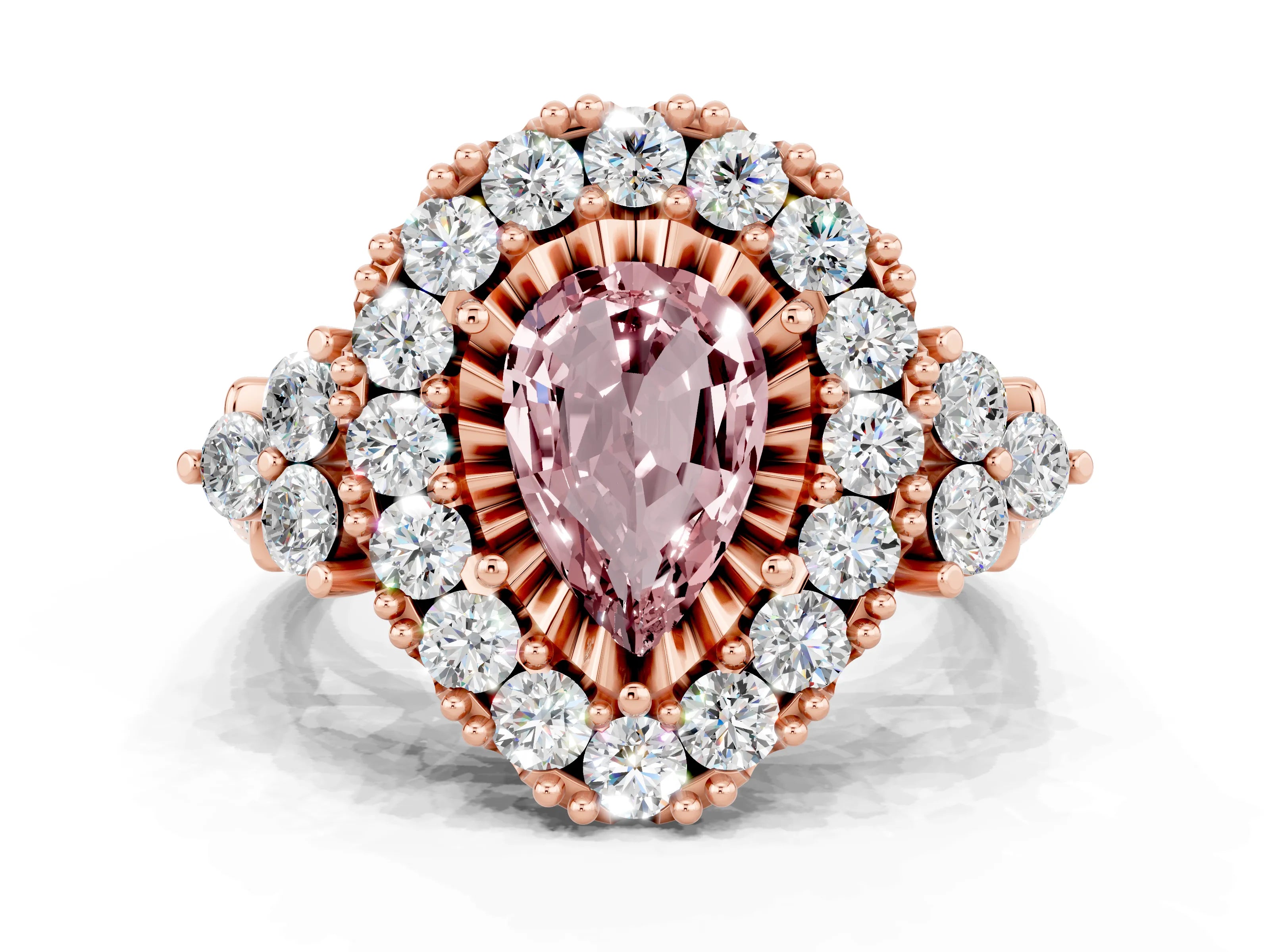 Rose gold Pear Cut Morganite Halo Ring with Pavé Band and Four-Prong Setting_12