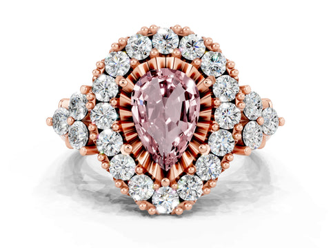 Rose gold Pear Cut Morganite Halo Ring with Pavé Band and Four-Prong Setting_12