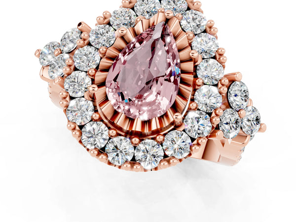 Rose gold Pear Cut Morganite Halo Ring with Pavé Band and Four-Prong Setting