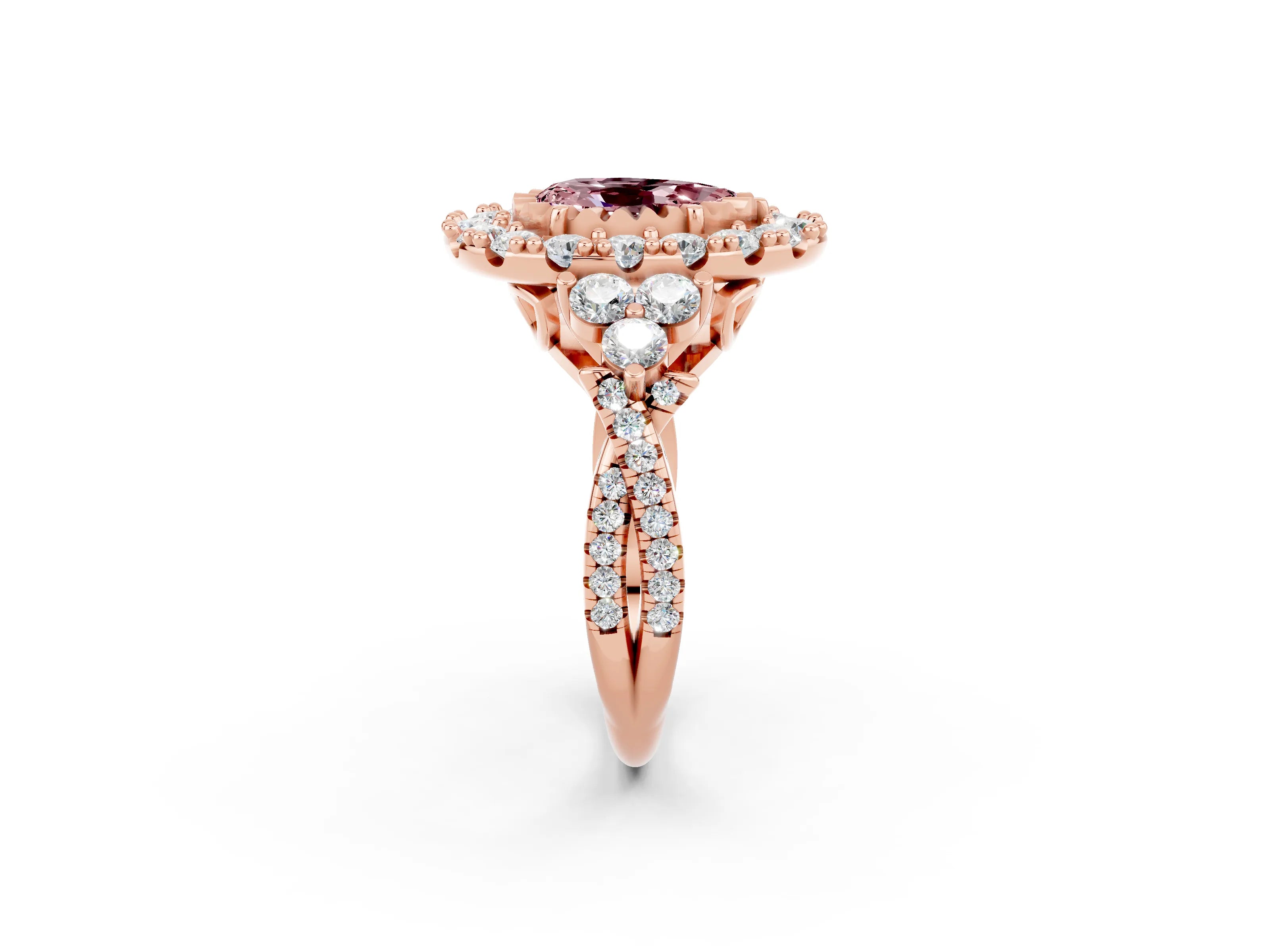 Rose gold Pear Cut Morganite Halo Ring with Pavé Band and Four-Prong Setting_14