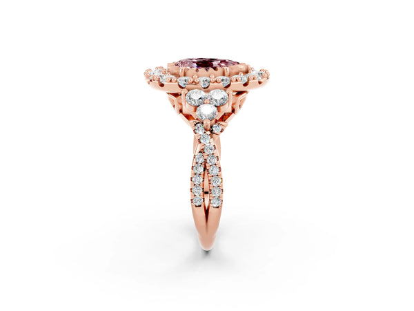 Rose gold Pear Cut Morganite Halo Ring with Pavé Band and Four-Prong Setting
