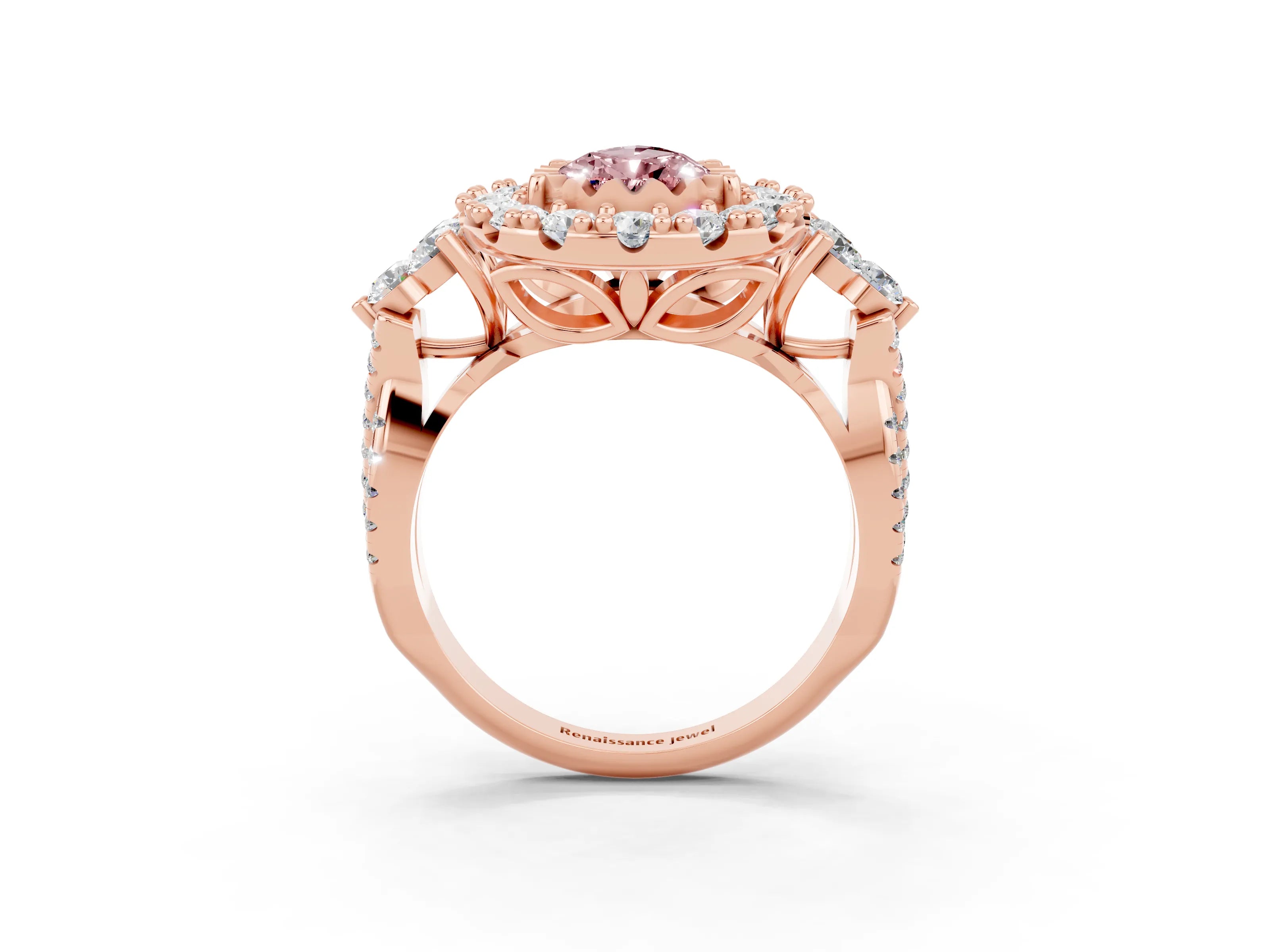 Rose gold Pear Cut Morganite Halo Ring with Pavé Band and Four-Prong Setting_15