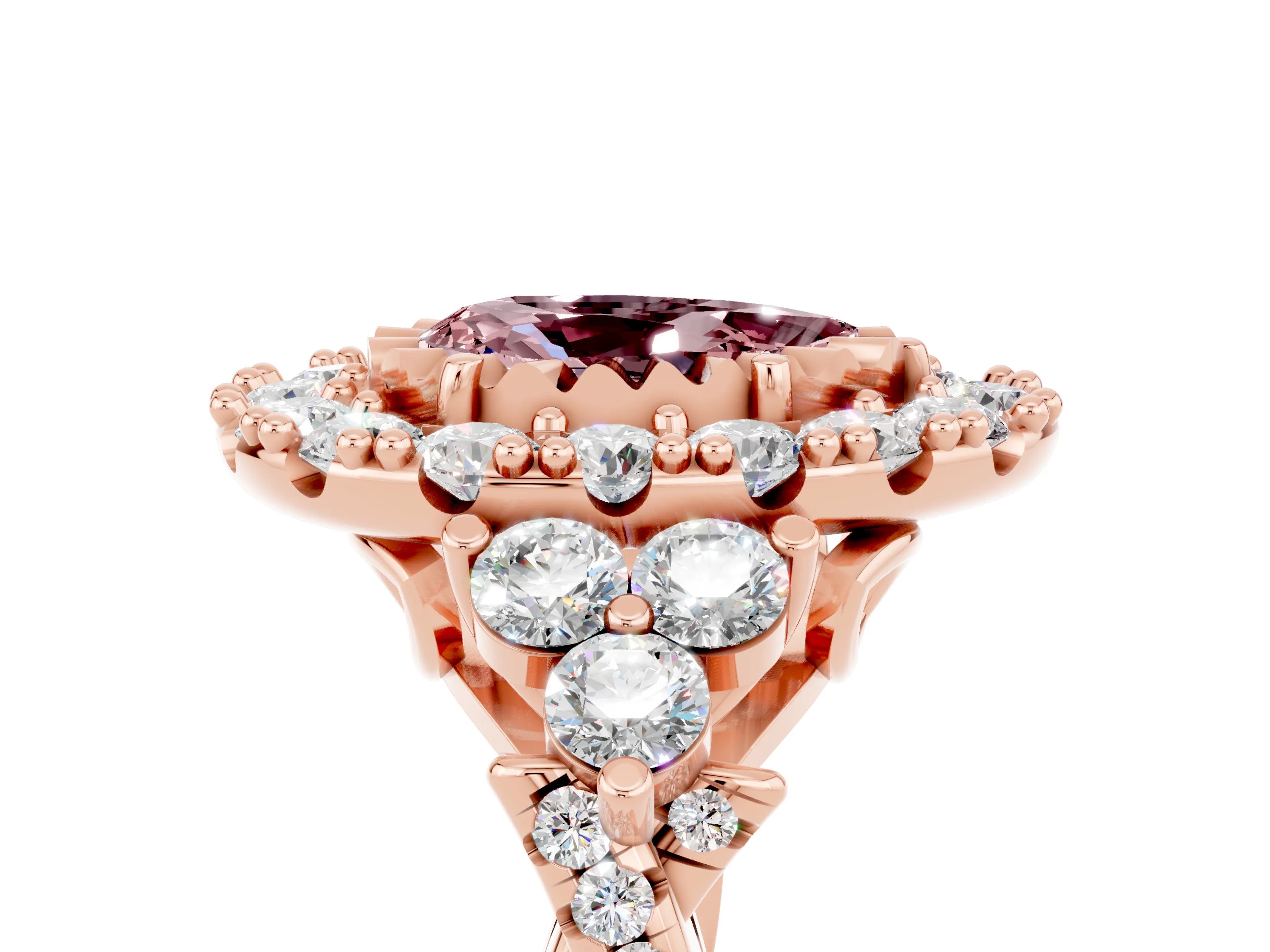 Rose gold Pear Cut Morganite Halo Ring with Pavé Band and Four-Prong Setting_17