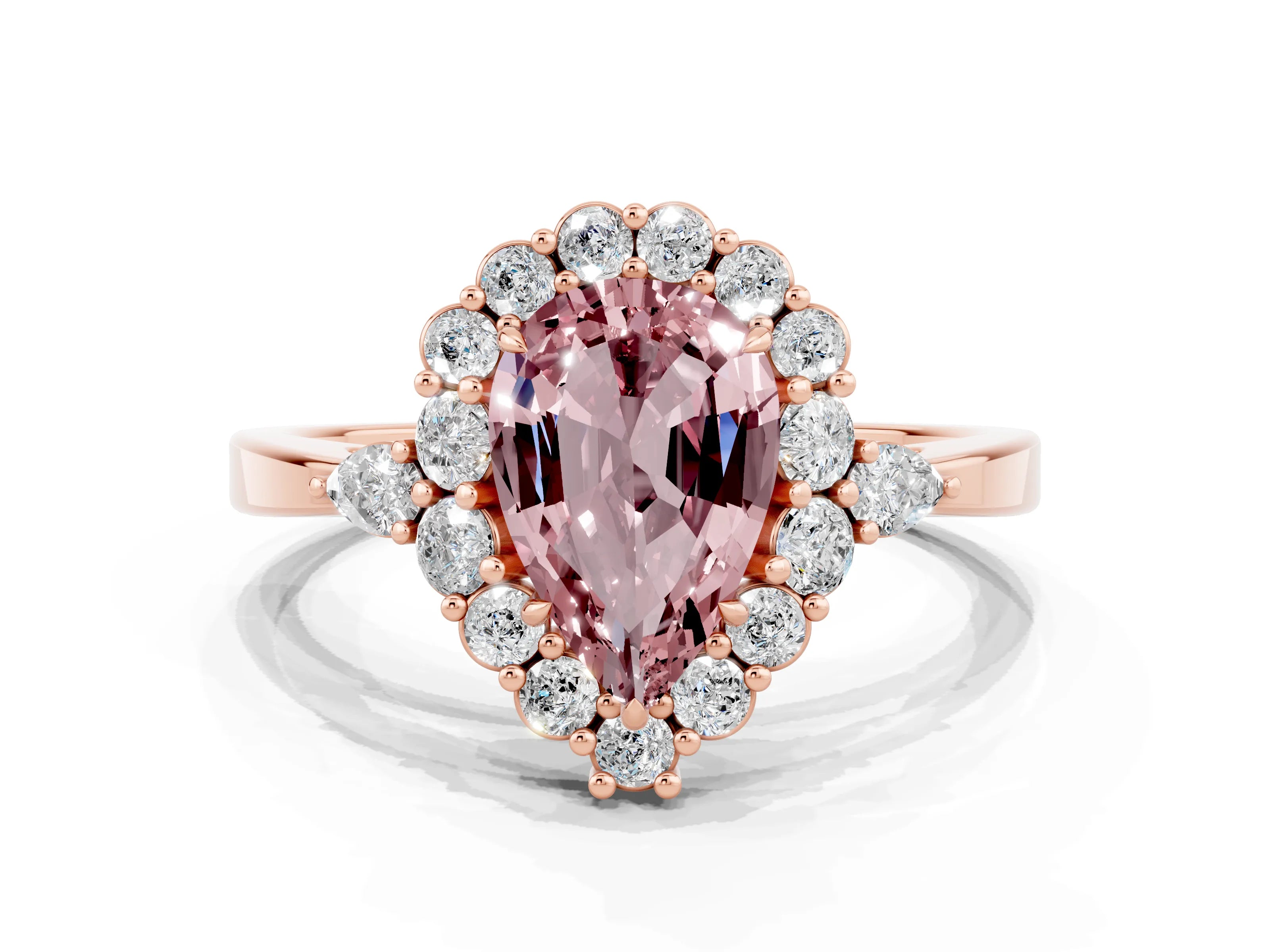 Rose gold Pear Cut Morganite Halo Ring with Pear Side Stones and Prong Setting_12