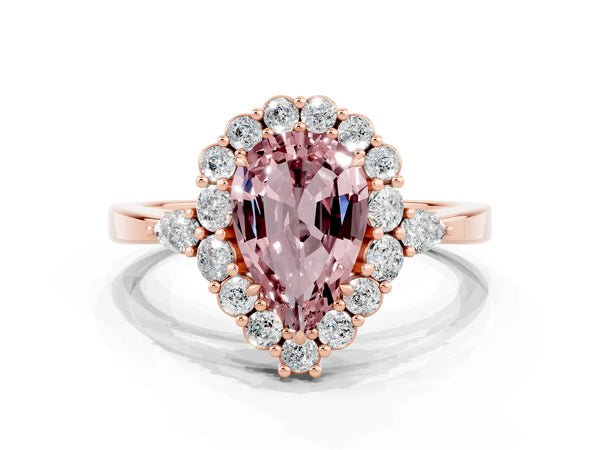 Rose gold Pear Cut Morganite Halo Ring with Pear Side Stones and Prong Setting
