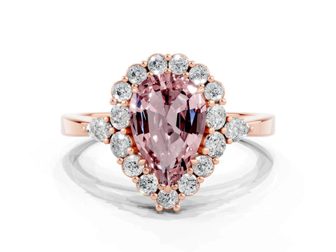 Rose gold Pear Cut Morganite Halo Ring with Pear Side Stones and Prong Setting_12