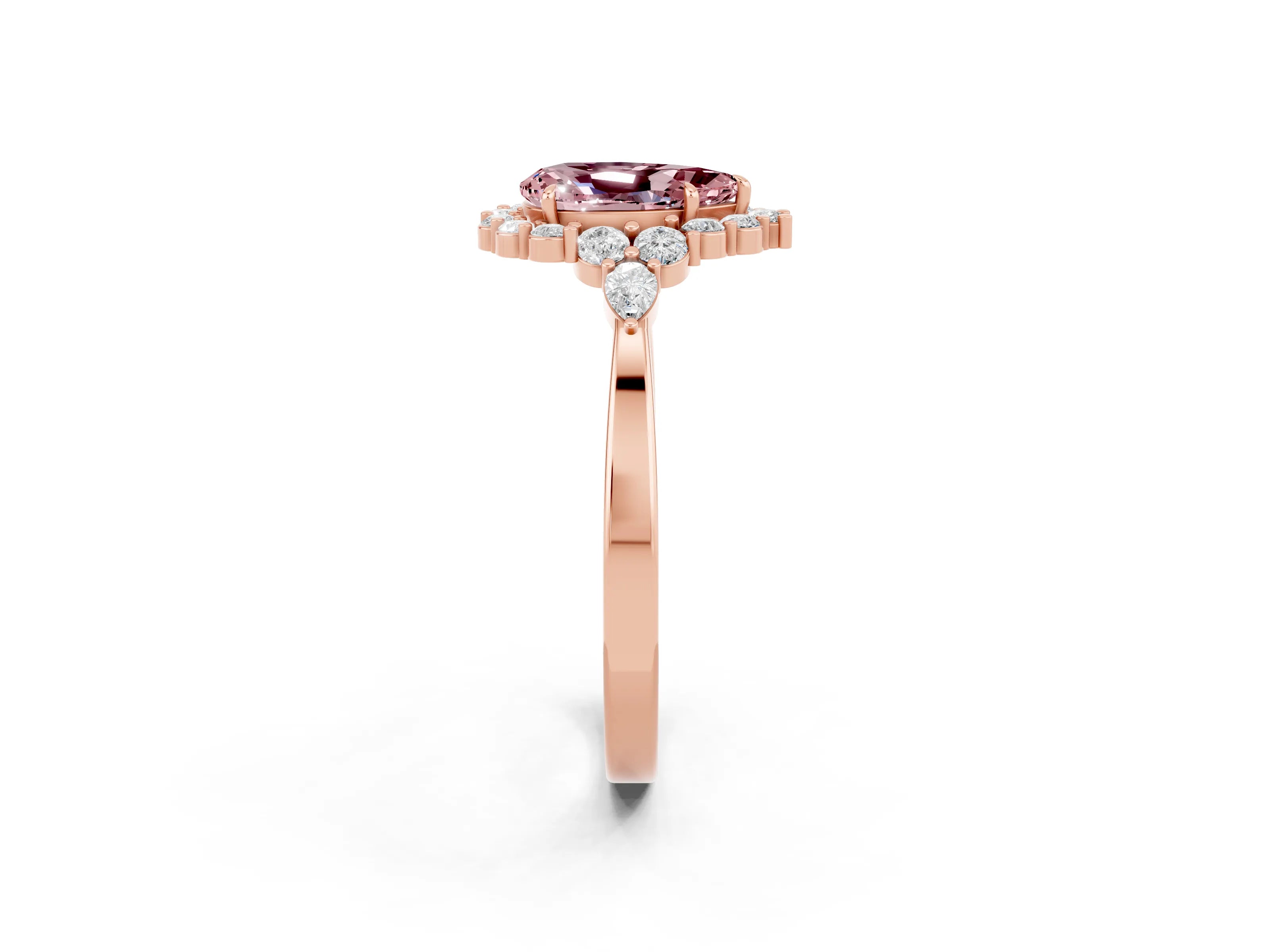 Rose gold Pear Cut Morganite Halo Ring with Pear Side Stones and Prong Setting_14