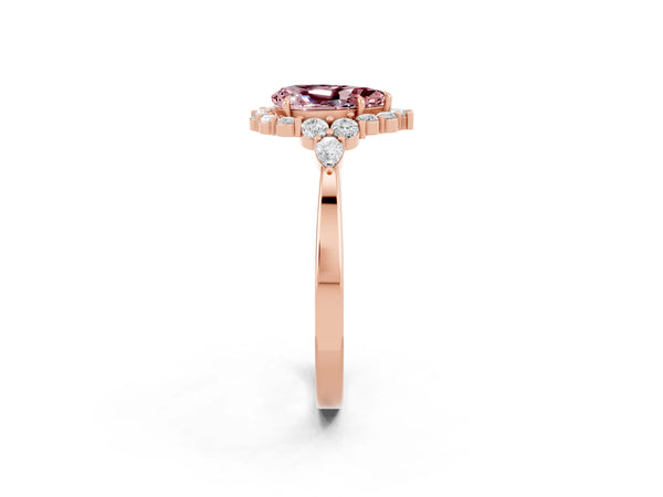 Rose gold Pear Cut Morganite Halo Ring with Pear Side Stones and Prong Setting