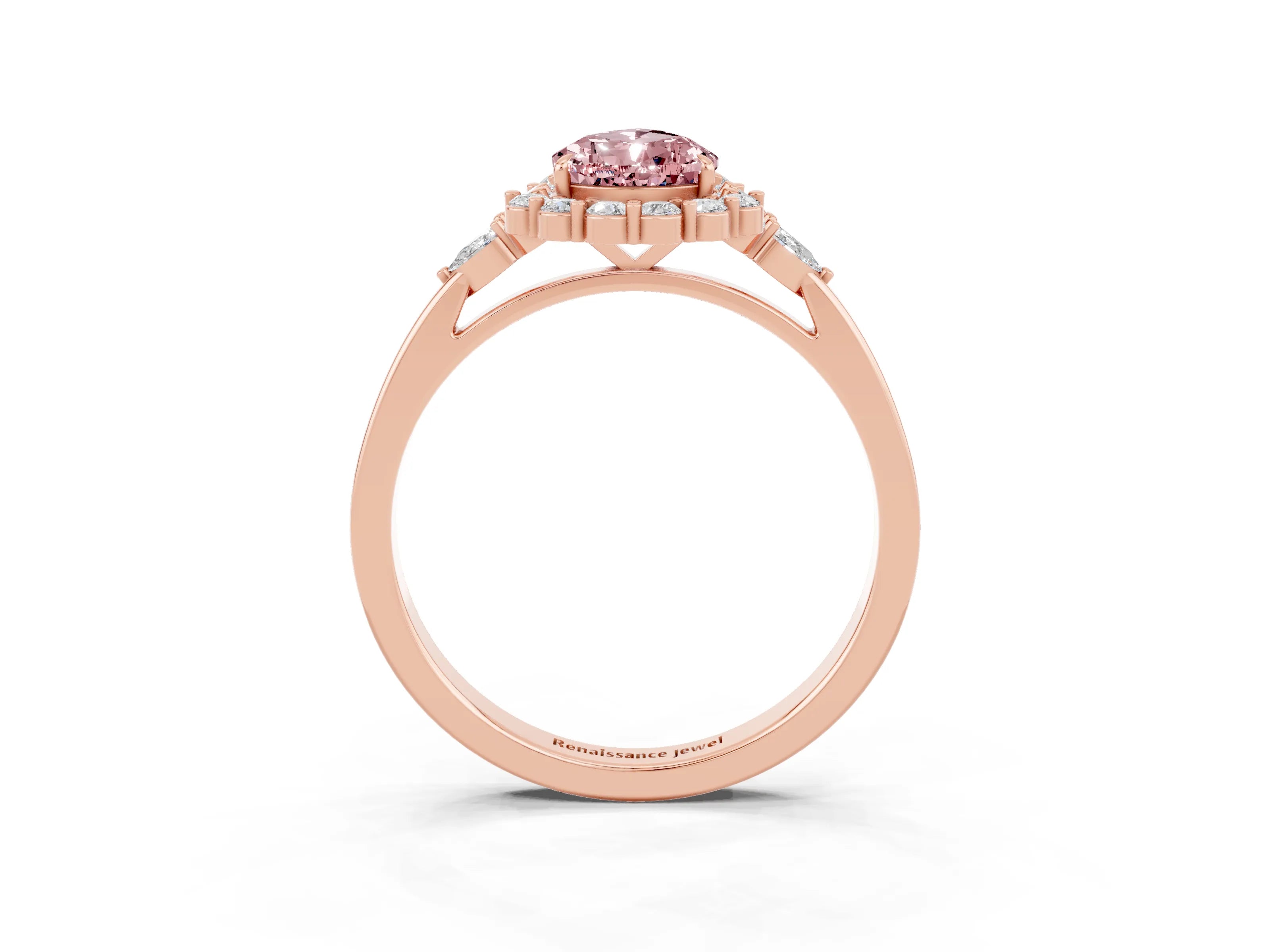 Rose gold Pear Cut Morganite Halo Ring with Pear Side Stones and Prong Setting_15